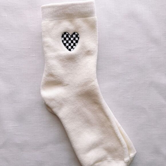 Accessories - Checkered Heart Ankle Socks, White